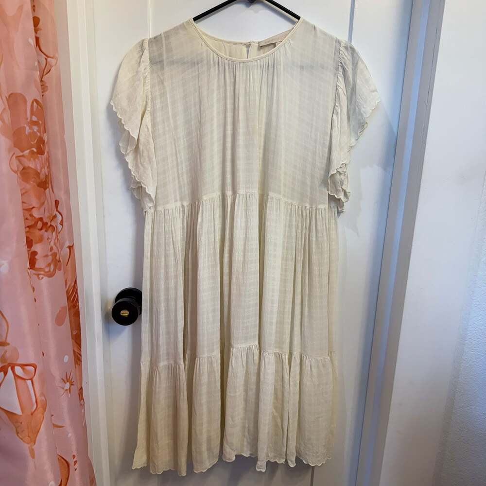 vanessabruno Off-White Checkered Tiered Midi Dress with Ruffle Sleeves Size 42